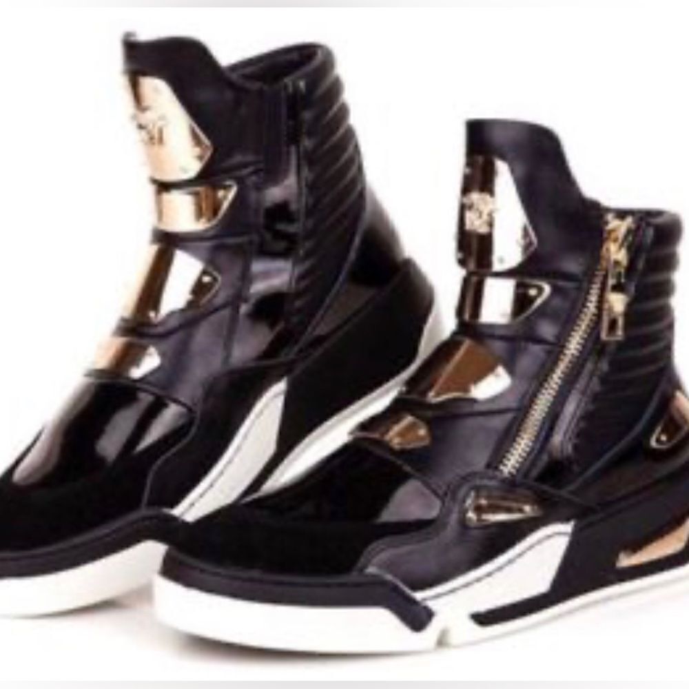 Versace techno gold plate black fashion sneaker medusa head 44/10 high top guc